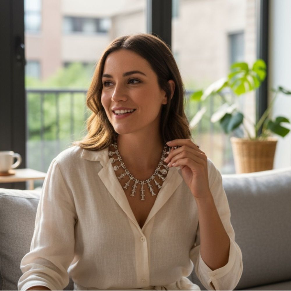 Heavy Silver-Tone Trumpet Drop Necklace & Matching Collar Set Non-Magnetic